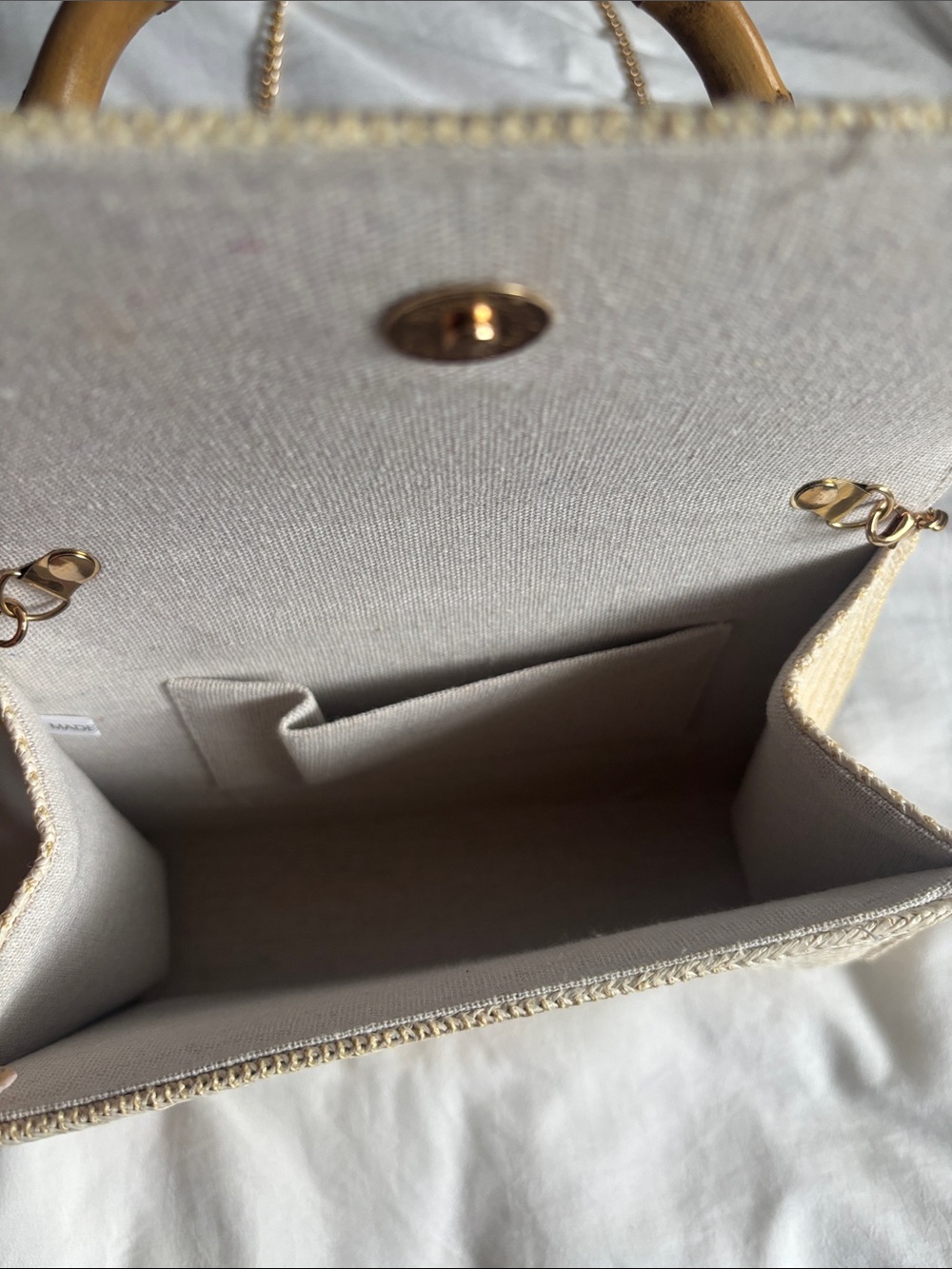 Woven Cream Bamboo Handle Top Bag - Picture 4 of 4